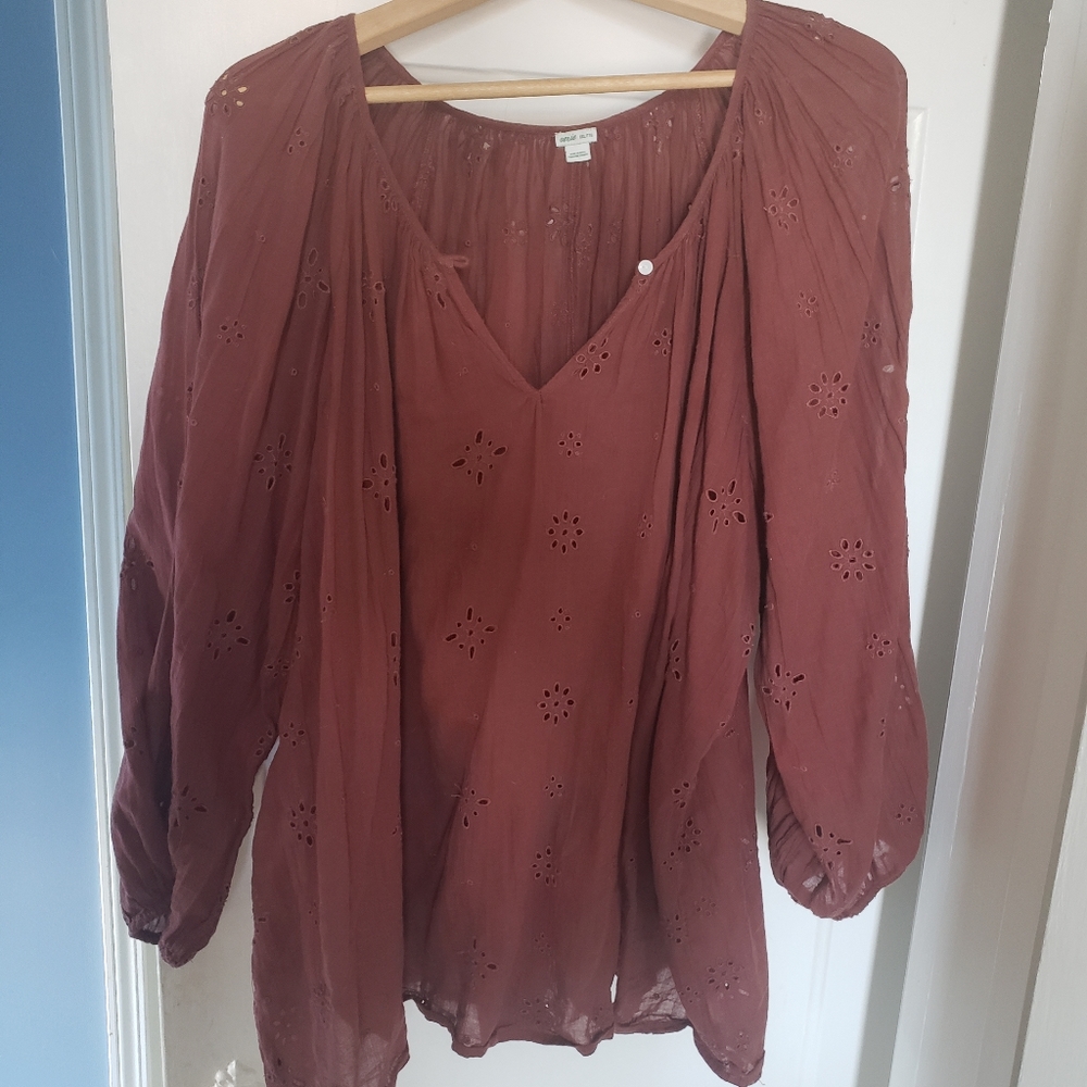 Aerie rust oversized eyelet embroidered peasant blouse